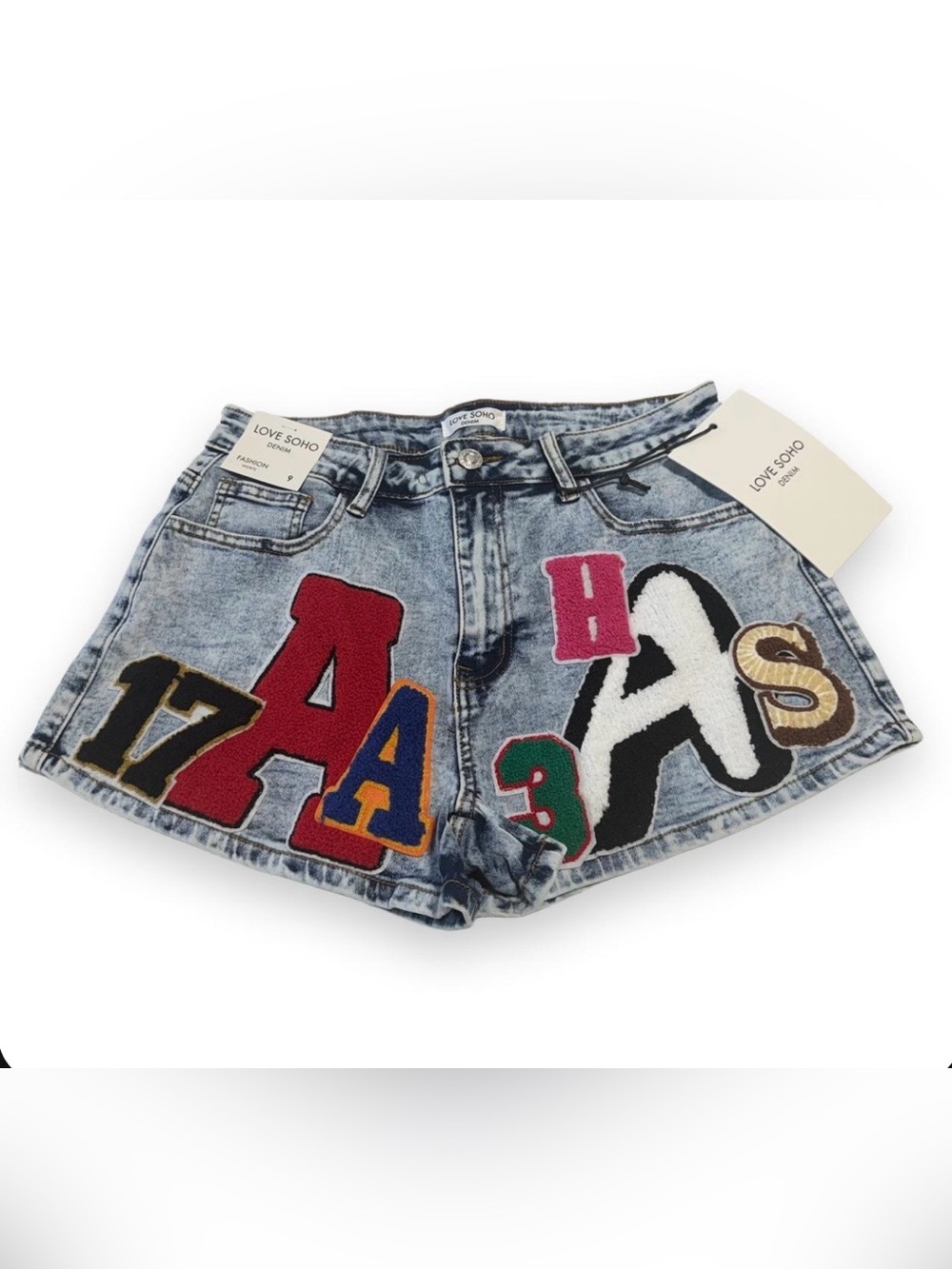 Love Soho Blue Denim Patchwork High-Waist Juniors/Girls Shorts, Size 9 NEW